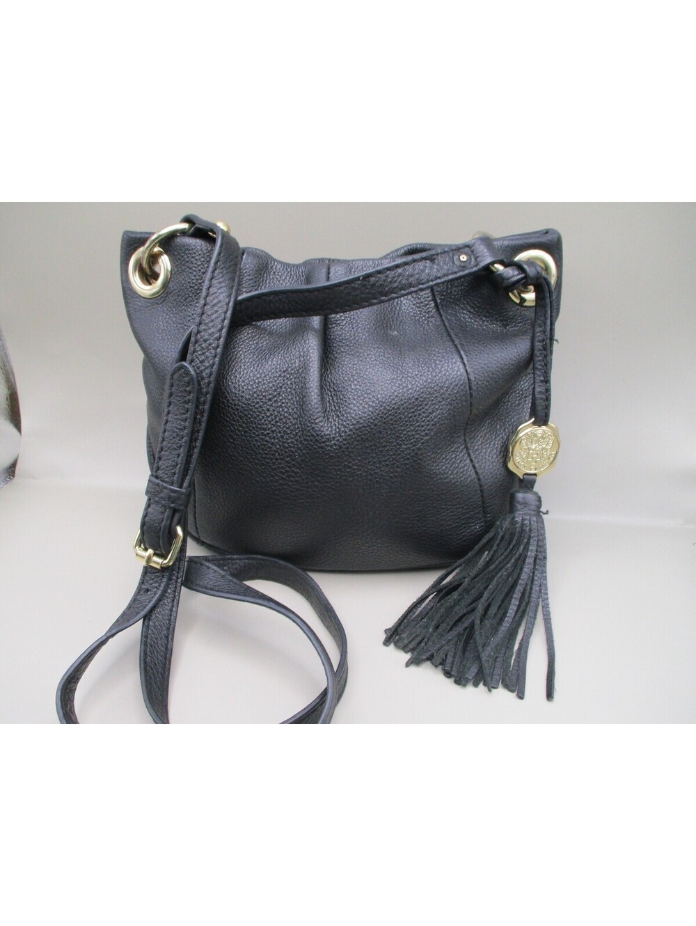 Vince Camuto Black Pebbled Leather Tassel Crossbody Bag
